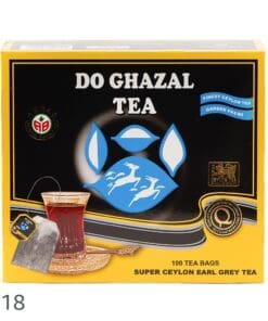 Do Ghazal Earl Grey thee uit Sri Lanka, verpakking met 100 theezakjes en een glas sterke Ceylon-thee.