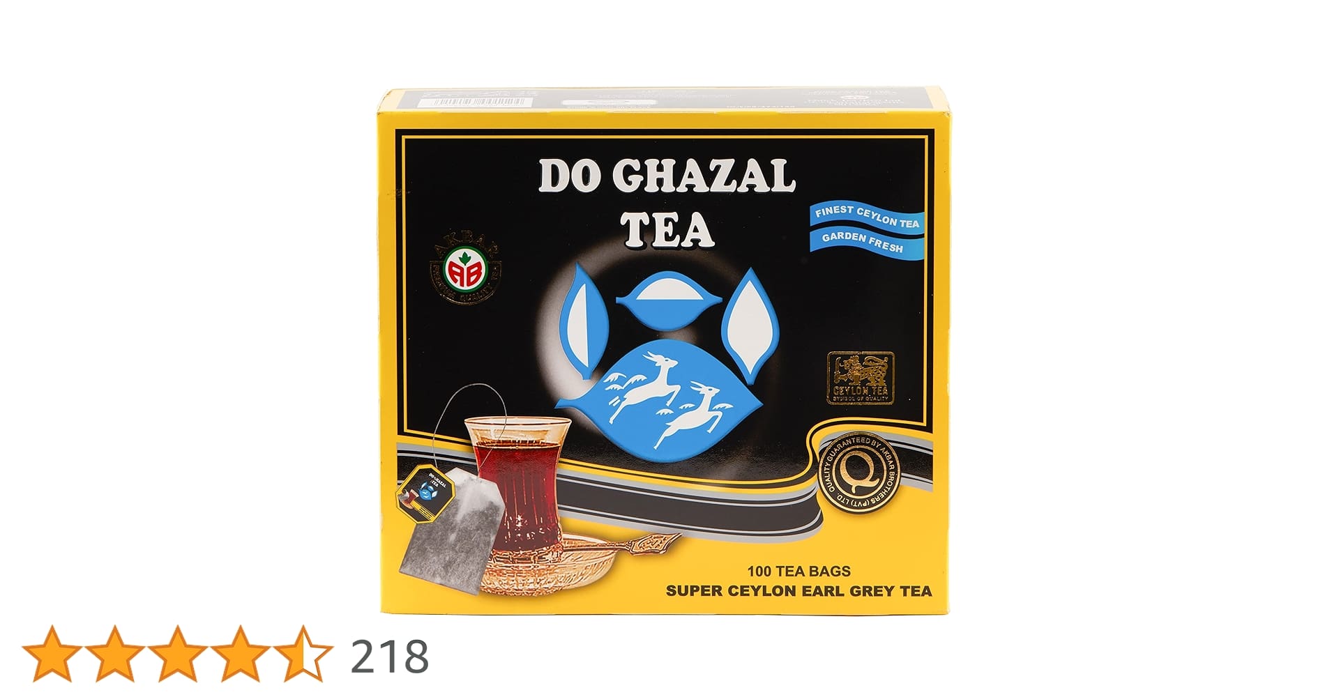 Do Ghazal Earl Grey thee uit Sri Lanka, verpakking met 100 theezakjes en een glas sterke Ceylon-thee.