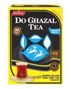 Verpakking van Do Ghazal Earl Grey thee uit Sri Lanka met glas thee en logo van twee gazellen.