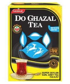 Verpakking van Do Ghazal Earl Grey thee uit Sri Lanka met glas thee en logo van twee gazellen.