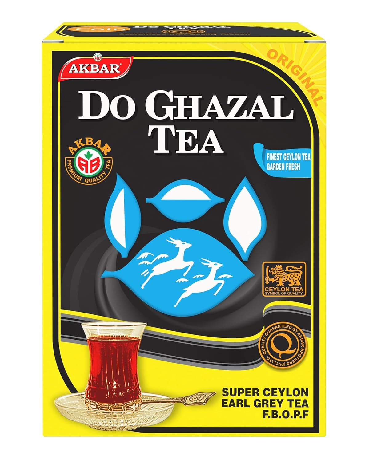 Verpakking van Do Ghazal Earl Grey thee uit Sri Lanka met glas thee en logo van twee gazellen.