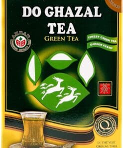 Pak Do Ghazal Groene Thee met logo, glas thee en prominente do ghazal tea branding op de verpakking.