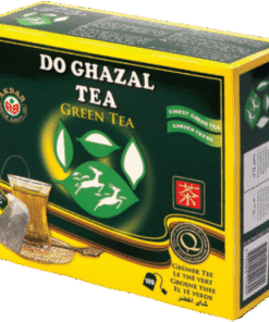 Do Ghazal tea groene thee verpakking met glas en theezakje op productpagina.