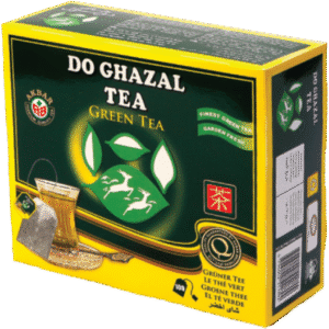 Do Ghazal tea groene thee verpakking met glas en theezakje op productpagina.