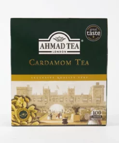 Verpakking van Ahmad Cardamom Tea, zwarte thee met kardemom, ideaal voor wie biologische thee kopen wil.
