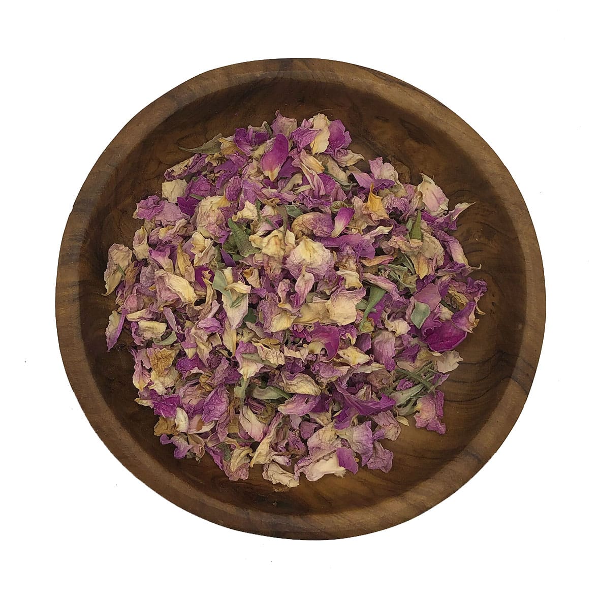 Houten kom gevuld met gedroogde bloemen, voornamelijk rozenblaadjes, op productpagina.
