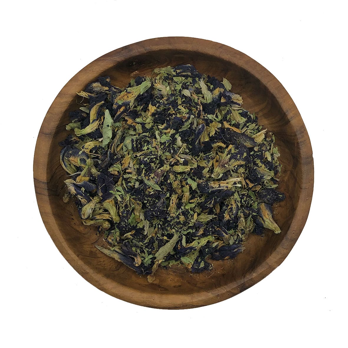 Houten kom met Butterfly Pea bloemen als natuurlijke kleurstof, perfect voor kruiden online kopen.
