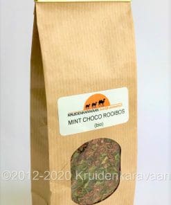 Zak met losse rooibos thee bio, smaak munt en choco, te koop op productpagina.