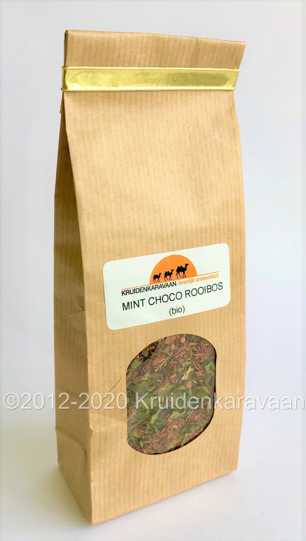 Zak met losse rooibos thee bio, smaak munt en choco, te koop op productpagina.