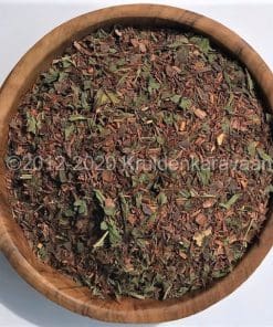 Houten kom met losse rooibos thee, biologisch met munt en choco.