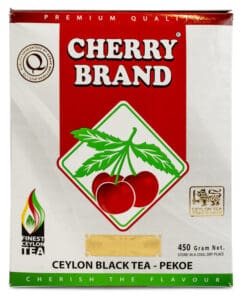 Verpakking Cherry Brand Ceylon losse zwarte thee, 450 gram, premium kwaliteit.