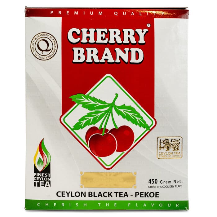 Verpakking Cherry Brand Ceylon losse zwarte thee, 450 gram, premium kwaliteit.
