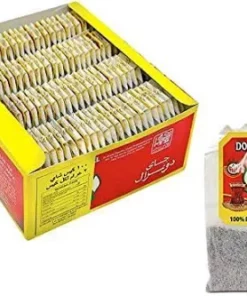 Doos Do Ghazal Ceylon zwarte thee uit Sri Lanka en een theezakje. Thee sri lanka productafbeelding.