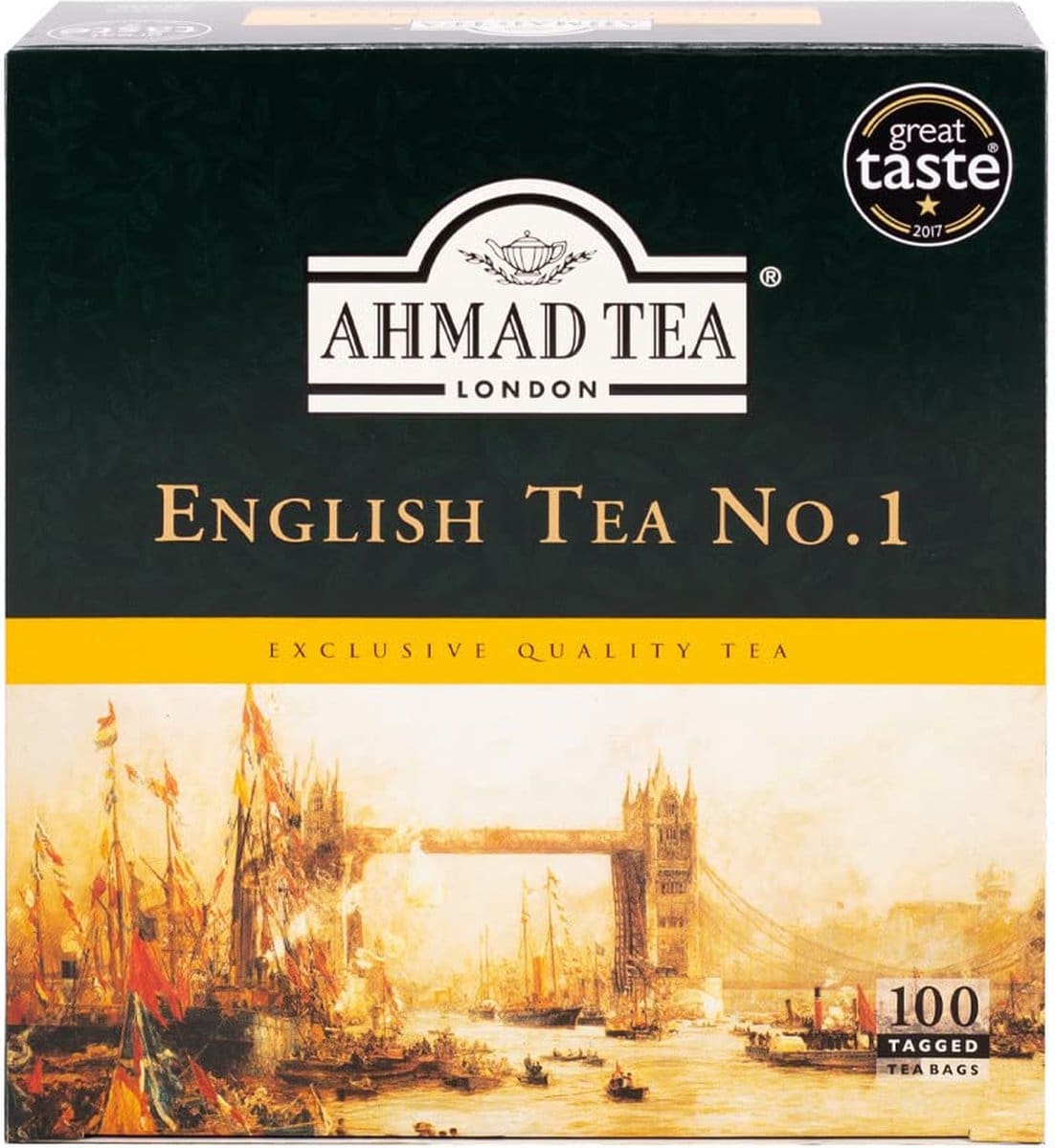 Verpakking van Ahmad English Tea No.1 met 100 theezakjes voor wie zwarte thee kopen wil.