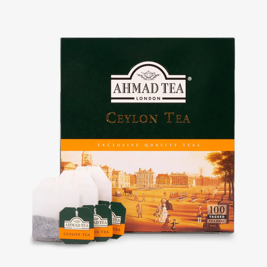 Verpakking van Ahmad Ceylon Tea met 100 theezakjes, premium sri lanka thee.