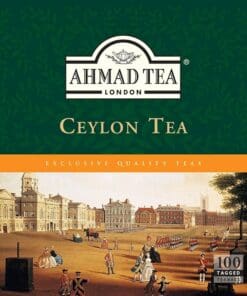 Verpakking van Ahmad Ceylon Tea, 100 theezakjes, authentieke Sri Lanka thee met klassiek label.