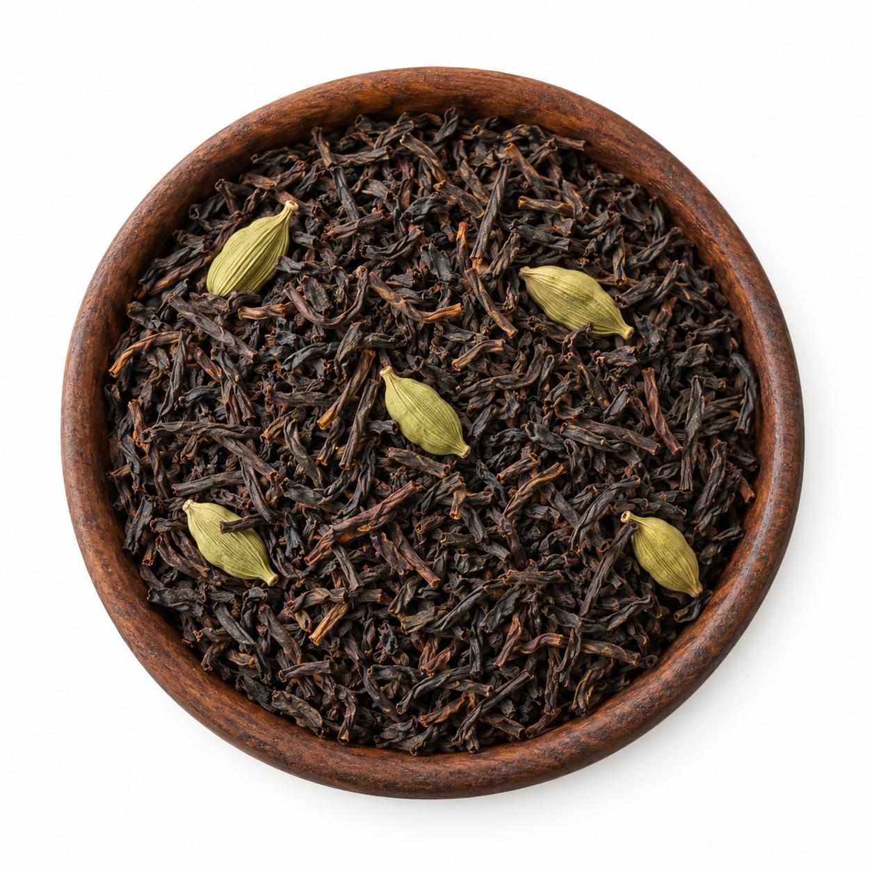 Sfeerbeeld van Ceylon thee met kardemom in een rond bakje; originele productverpakking in de galerij