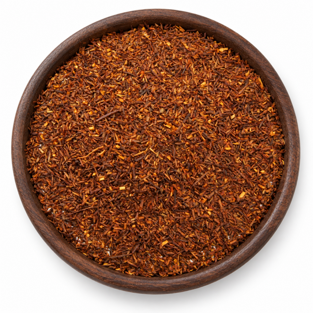 Rooibos puur als losse droge thee in een rond houten bakje op witte achtergrond