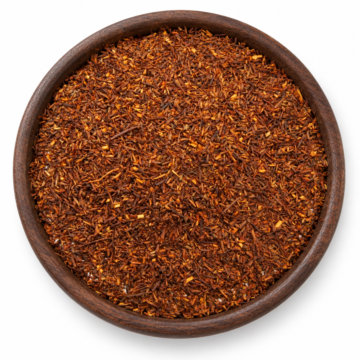 Pure rooibos in een rond houten bakje