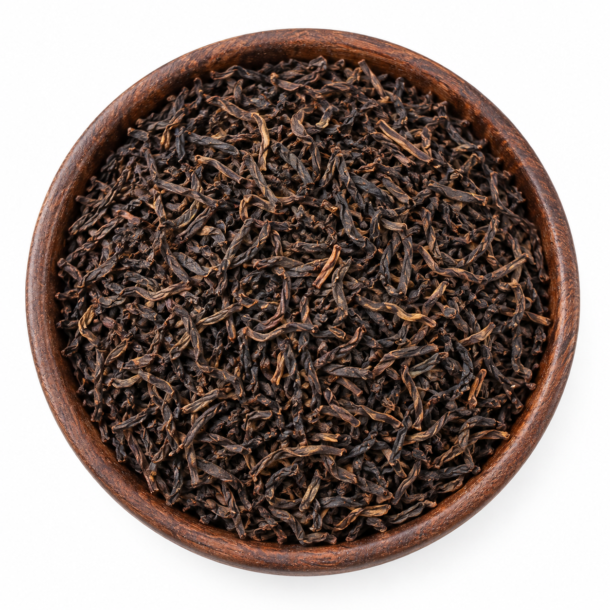 Sfeerbeeld van zwarte Ceylon thee in een rond bakje; originele productverpakking in de galerij