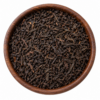 Sfeerbeeld van zwarte Ceylon thee in een rond bakje; originele productverpakking in de galerij