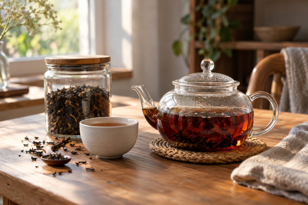 Glazen theepot met een kop zwarte thee en losse bladeren