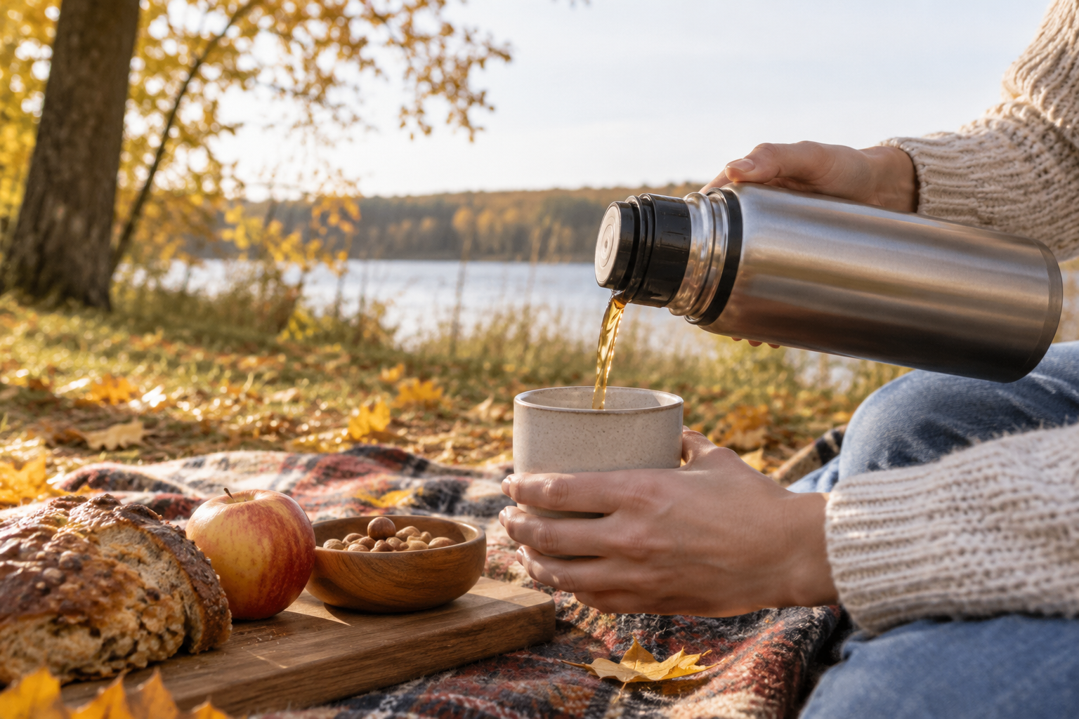 Thee uit een thermos tijdens een herfstpicknick — AI-illustratie