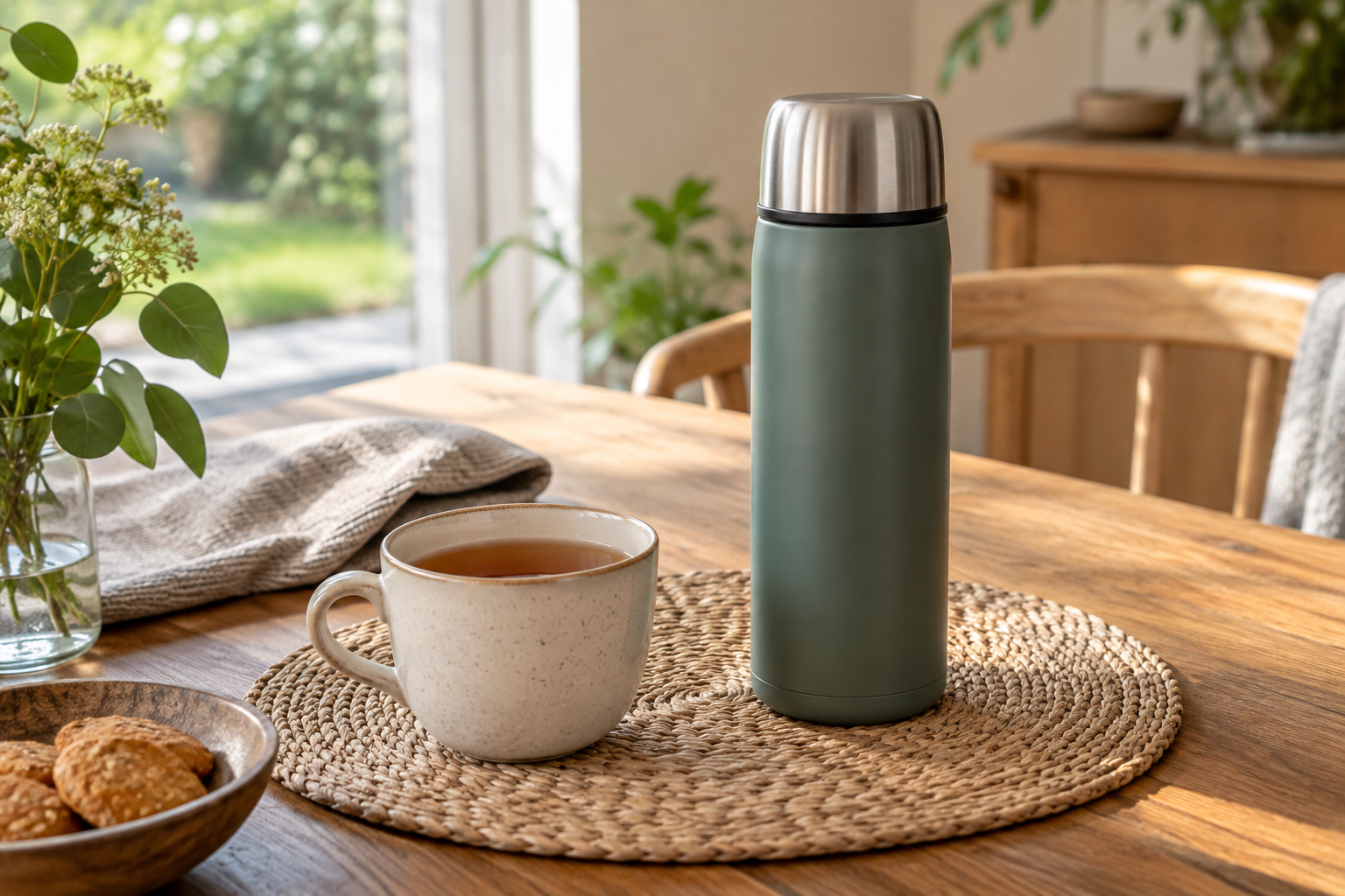 Thermosfles met een kop thee — AI-illustratie