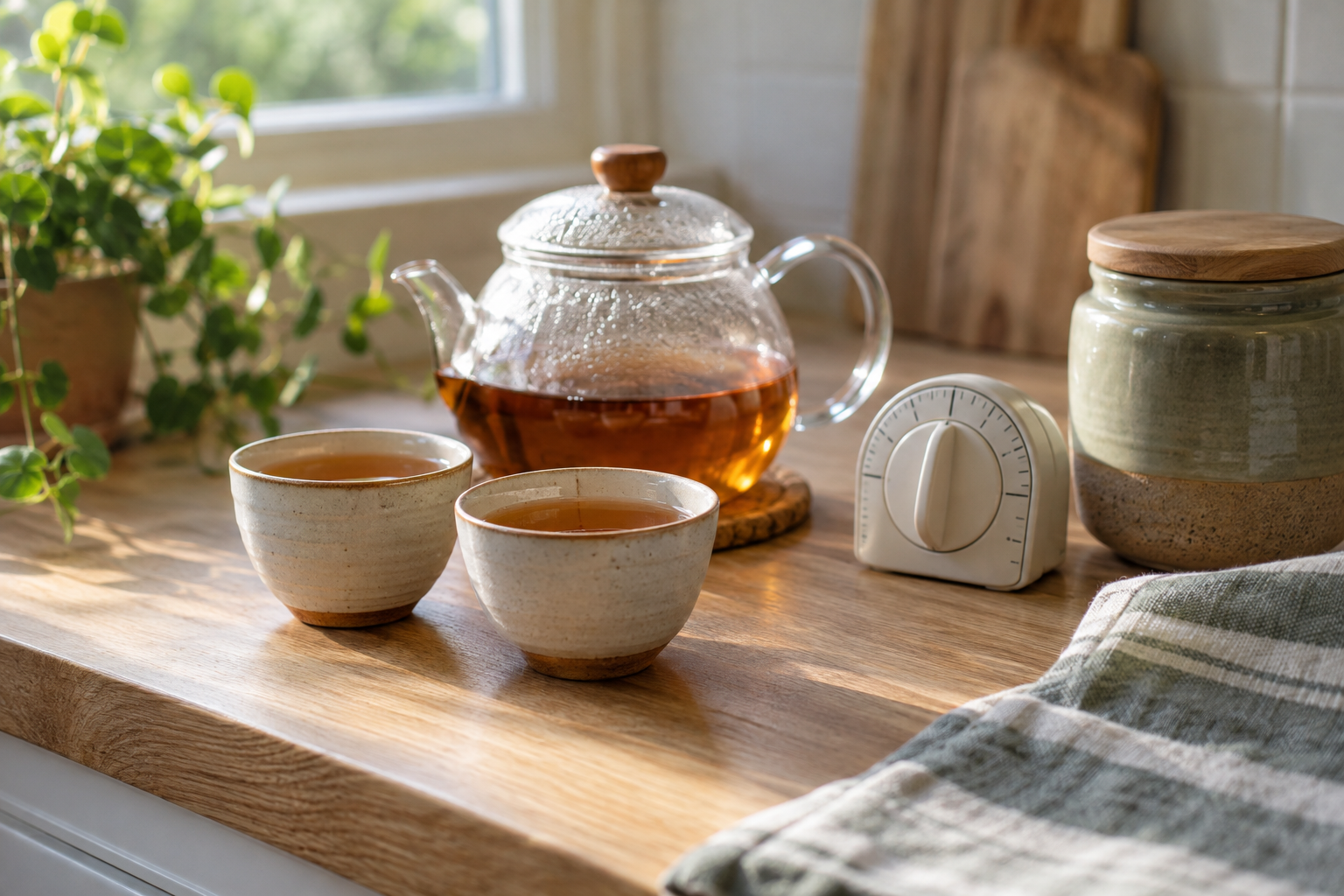Twee kleine kopjes thee naast een theepot