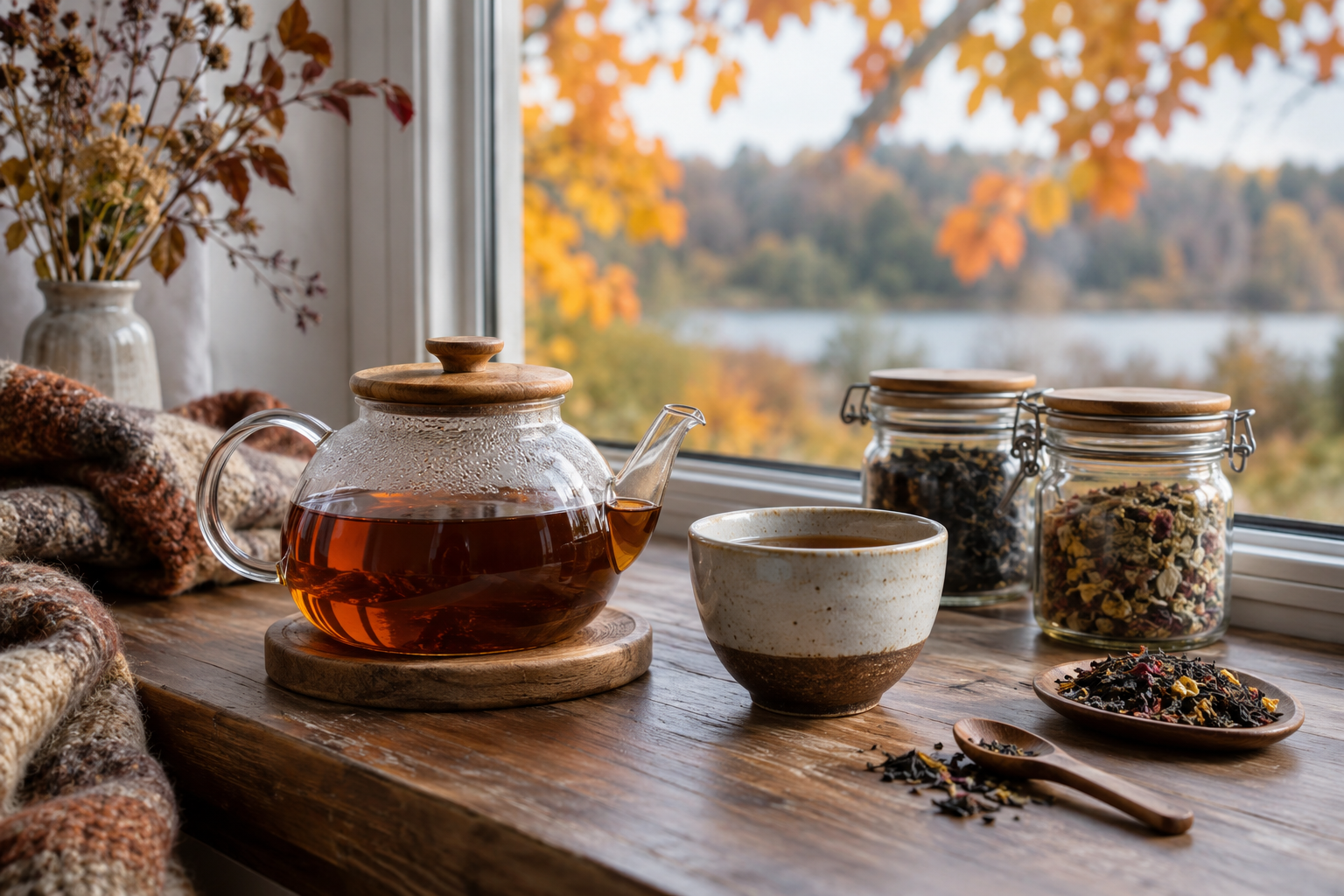 Een theepot en kopje bij een raam met herfstbladeren