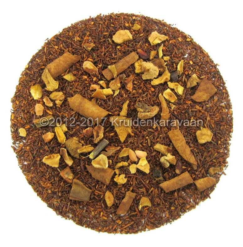 Ronde hoop Zuid-Afrikaanse rooibos, cafeïnevrije thee met stukjes kruiden en specerijen.